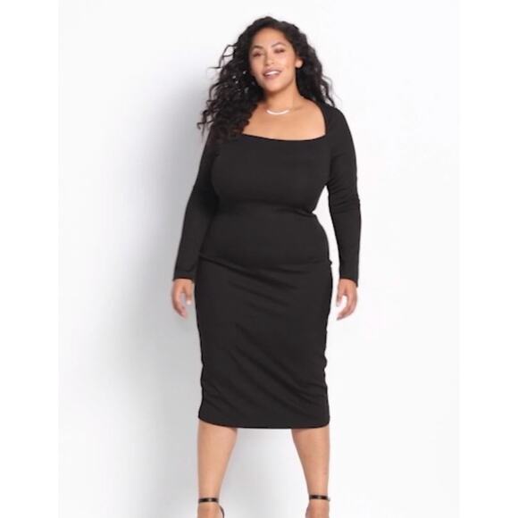 Sexy Square Neck Lane Bryant 28W 3X Black Midi DRESS Stretch Ponte Knit LBD NEW - Picture 1 of 10